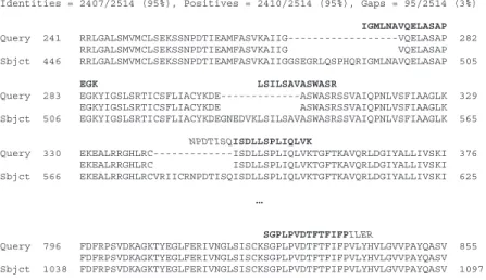 Fig. 6. The four hits in At1g64790 are aligned against two conflicting protein predictions