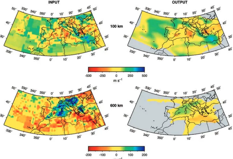 Figure 11. Results at two different depths of a recovery test with a realistic input model (on the left) simulating structures present in the Mediterranean region.