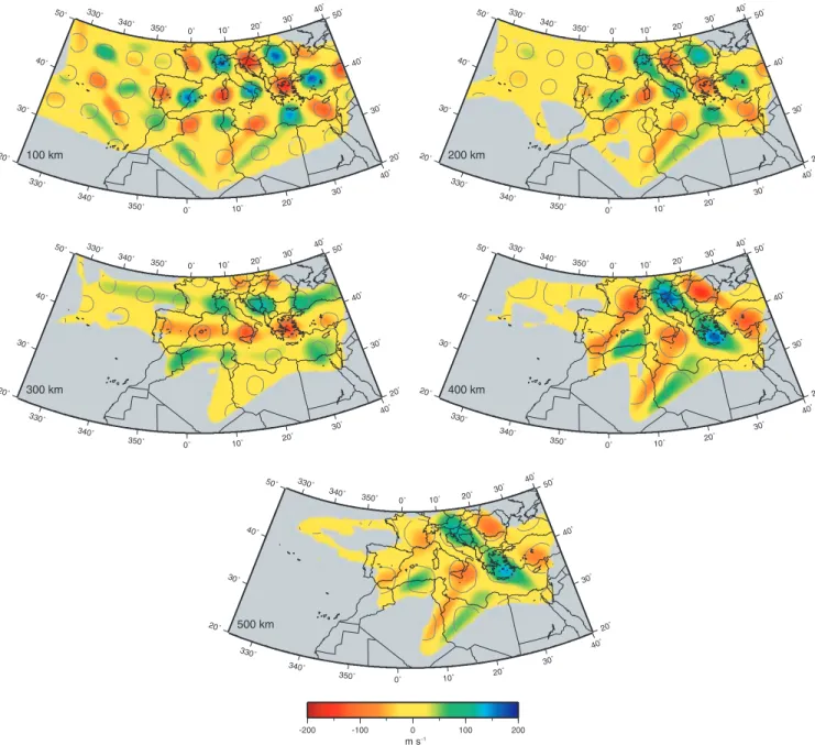 Figure 7. Spike resolution test results at different depths. The input model is represented by the grey contours at ± 100 m s − 1 