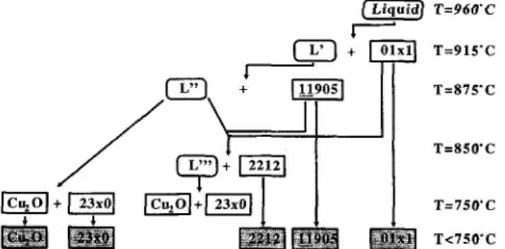 FIG. 7. Schematic diagram of the solidification sequence of the melt with Bi-2212 composition.