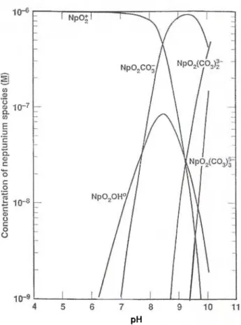 Fig. 8. Calculated speciation of NpOJ as a function of pH for a  10~ 6  Μ solution of Np in 0.01 Μ NaCl exposed to atmospheric 