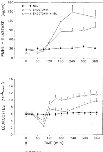 Figure 3. Polymorphonuclear leukocyte (PMNL)-elastaselevels and leukocyte counts in subjectsreceiving endotoxin without (n =