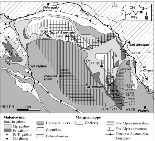 Fig. 1. Geological map of the Braccia gabbro showing the distribution of di ﬀ erent gabbro types