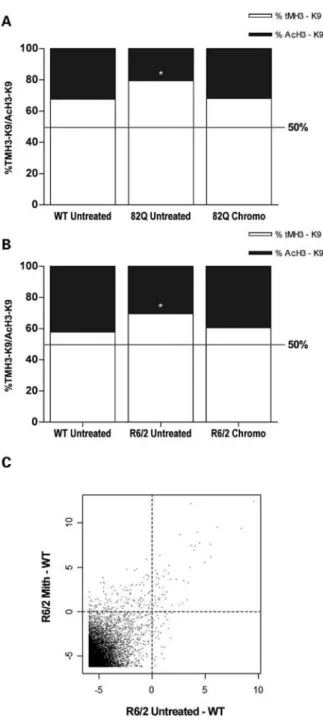 Figure 2. Histone H3 methylation versus acetylation balance in anthracycline treated 82Q and R6/2, and effect on mRNA expression