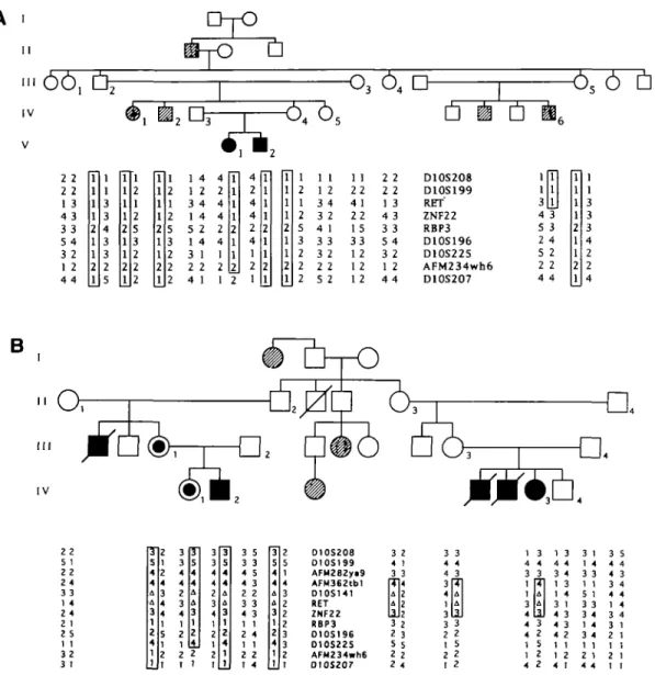 Figure 1. Haplotype reconstruction in 2 HSCR families.In the pedigrees, filled symbols  ( • ,  • ) represent long segment HSCR, half-filled symbols (®) represent short segment HSCR, hatched symbols  ( 0 ,  • ) represent a disease status not studied by hist
