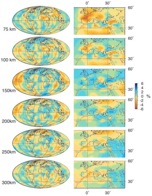 Figure 10. Global (left) and regional (right) maps of radial anisotropy δ v SV / v SV − δ v SH / v SH in our model.