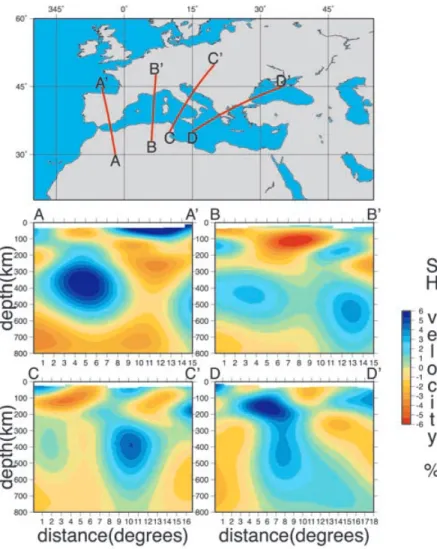 Figure 7. Vertical sections through the Voigt average δ v S /v S of our model, cut along the red lines shown on the map