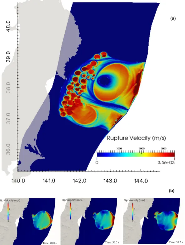 Figure 10. (a) Distribution of rupture velocity in our dynamic rupture model of the Tohoku earthquake