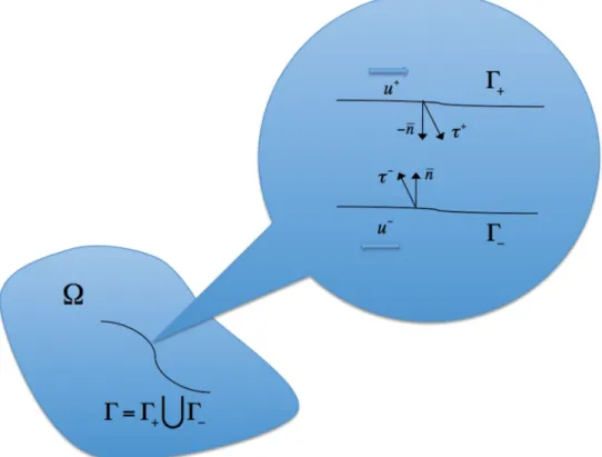 Figure 1. Representation of a fault as two split surfaces. The fault interface,  , is embedded in an elastic medium,  , and is composed by two matching surfaces,  ± , that can deform independently