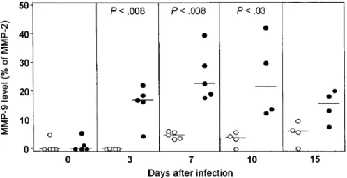 Figure 2. Matrix metalloproteinase (MMP)–9 concentration (expressed as a percentage of the constitutively released MMP-2) in cerebrospinal fluid of rabbits intracisternally infected with Coccidioides immitis ( 䢇 ) and uninfected control rabbits ( 䡬 ) over 