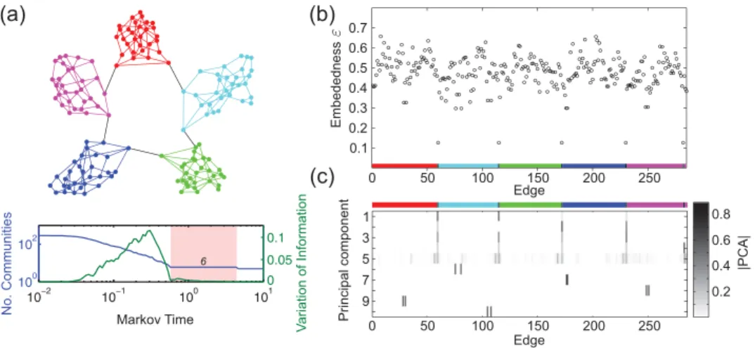 Fig. 2. Edge-to-edge analysis of a ring of small-worlds. (a) The network analyzed with edges colored according to the community structure found in the ﬂow-redistribution matrix using the Markov stability method