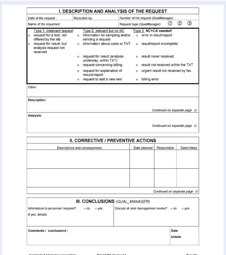 Figure 1 Example of a simple form for noting and following up complaints and requests for information