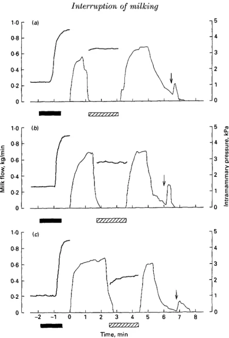 Fig. 1. , Milk flow and , intramammary pressure of the left front quarter of an individual cow before, during and after interruption of milking after removal of (a) 25%, (6) 50% and (c) 75% of the total milk yield