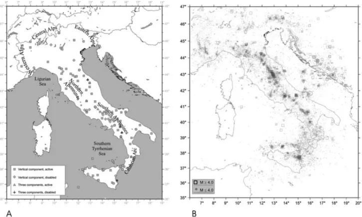 Figure 1. (a) Italian seismic stations network between 1988 and 2001: squares denote vertical component seismometers while triangles are three-components stations; (b) Italian seismicity recorded at INGV network between 1983 and 2001; dots indicate magnitu