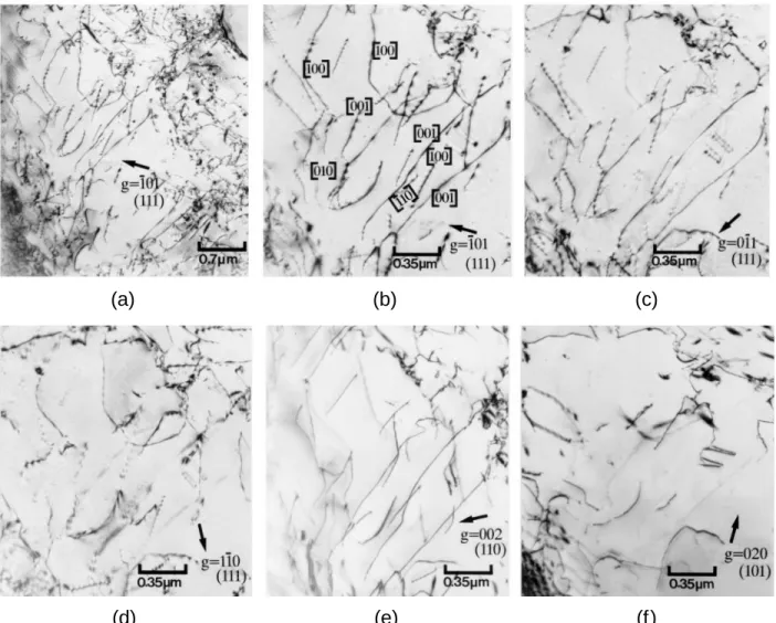 FIG. 10. Electron micrographs in material forged at 1000 ± C showing the general subgrain structure in (a) and detailed dislocation analysis in (b) – (f )