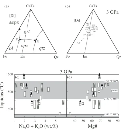 Fig. 6. (a) Schematic liquidus phase boundaries in the Fo–CaTs–Qz diagram projected from [Di]