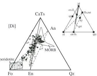 Fig. 2. Normative compositions of pyroxenite in the pseudoternary system forsterite (Fo)–Ca-Tschermaks pyroxene (CaTs)–quartz (Qz) projected from diopside [Di] using the method of O’Hara (1968).