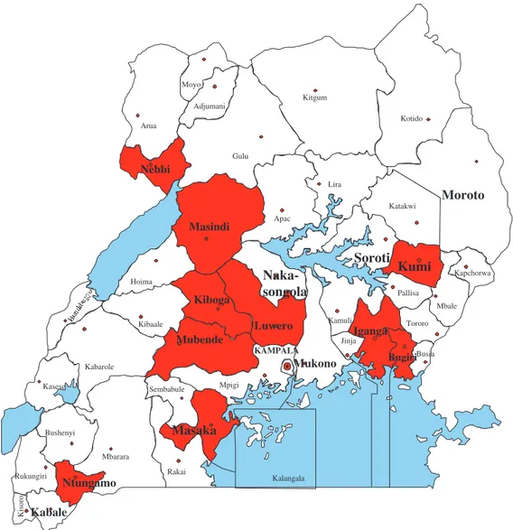 Figure 1. Map of Uganda showing the 10 Multi-Country Evaluation study districts