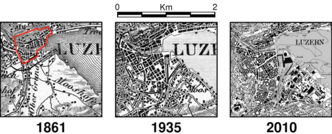 Figure 1. Historical evolution of the city of Lucerne from 1861 up today. The red line indicates the possible borders of the old settlement in the 16th century.