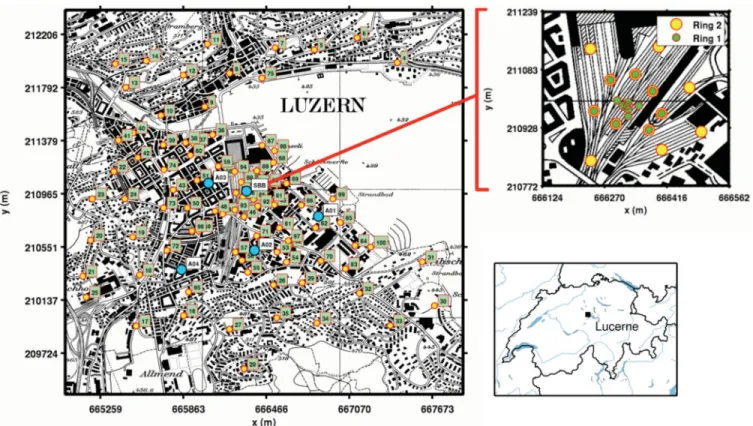 Figure 2. Ambient noise measurements performed in the city of Lucerne (Switzerland). On the left-hand side, the map of the 101 single station measurement locations (yellow dots) and five array measurements (blue dots)