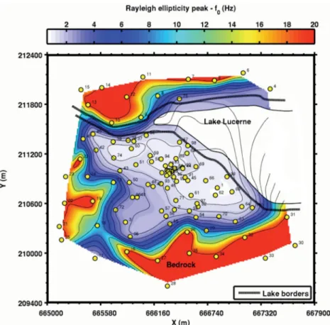 Figure 7. Ellipticity-f 0 (f 0 -Ell) map of Lucerne from wavelet-based H/V ratios. Cubic interpolation (in log domain) has been used to map the f 0 over points not directly covered by measurement