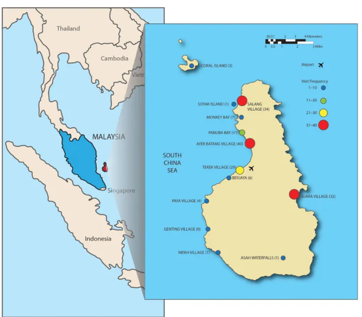 Figure 1. Tioman Island, Malaysia, and locations visited by 68 case patients with acute muscular sarcocystosis, 2011 – 2012
