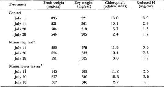 Table 1 Effect of leaf removal on fresh weight, dry weight, chlorophyll and nitrogen contents in glumes of field- field-grown wheat during maturation