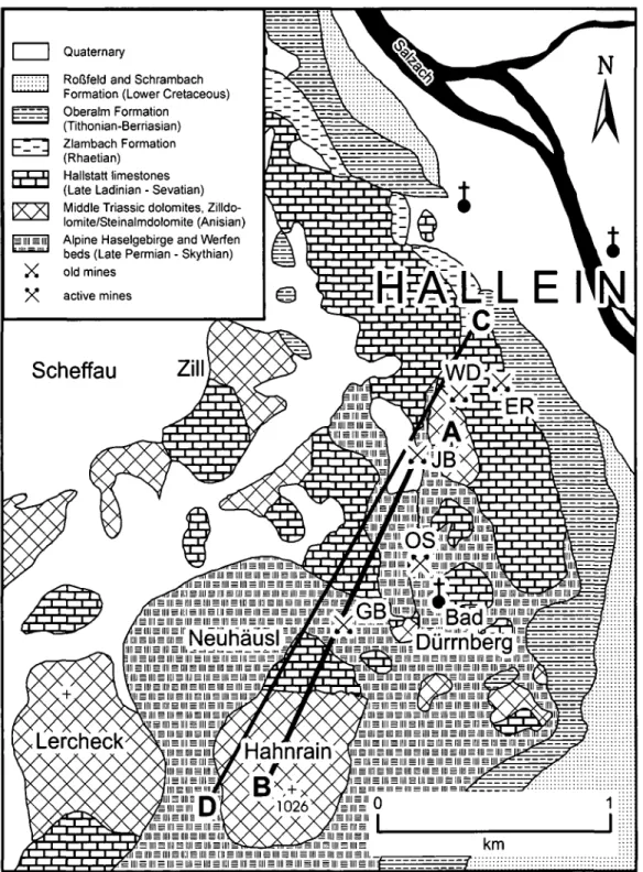 Fig 2. A simplified geological map of the Hallein-Hallstatt Zone in the area of Bad Diirrnberg