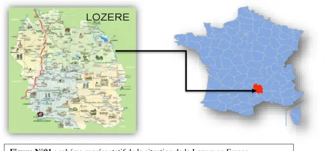 Figure N°01 : schéma représentatif de la situation de la Lozare en France   Source : https://fr.wikipedia.org/wiki/Loz%C3%A8re_(d%C3%A9partement) 