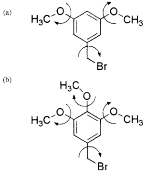 Figure 1. Molecular structures of 共 a 兲 3,5-DMBB and 共 b 兲 3,4,5-TMBB. The arrows indicate the variable torsion angles in the structure solution  calcula-tion from powder X-ray diffraccalcula-tion data.
