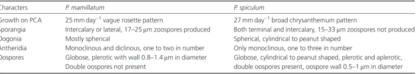 Table 2. Comparison of morphological characters of Pythium mamillatum and Pythium spiculum
