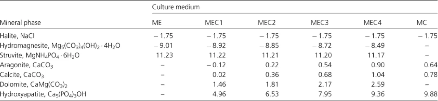 Table 4. Saturation index values (SI) for minerals in all media assayed. Results are from the geochemical computer program PHREEQC