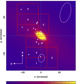 Figure 8. The favoured M31 eruption probability model (θ = 0.18), over plotted with the position of the POINT–AGAPE fields and the 20 detected CNe.