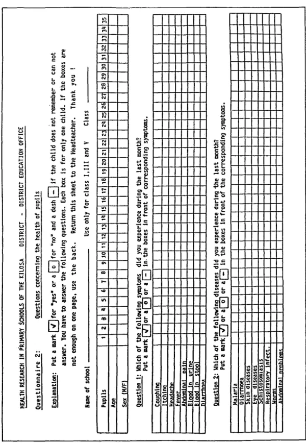Table 2. School children's questionnaire used in Kilosa study. More children of the same class can be interviewed on the back of the form