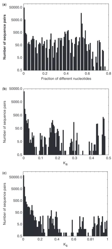Figure 3b shows a histogram of the distribution of amino acid sequence divergence K a for pairs of ISs within the same genome