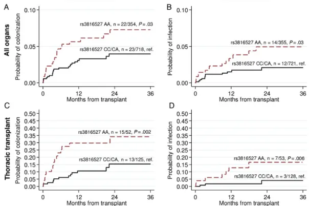Figure 1. Cumulative incidence of mold colonization and invasive mold infection according to PTX3 rs3816527 single-nucleotide polymorphism in all ( A and B ) and thoracic ( C and D ) solid organ transplant recipients