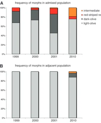 Figure 2), although a reevaluation of the mitochondrial DNA data suggests rare hybridization events between red and olive morphs already soon after admixis