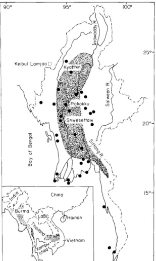Figure 1. Approximate range of the brow-antlered deer in Burma (shaded area) and world range of the species (inset).