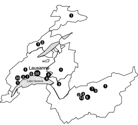 Figure 2. Geographic localization of the 21 hospitals or nursing homes ( v ) in western Switzerland from which epidemic clone of methicillin- methicillin-resistant Staphylococcus aureus was isolated during period January 1996 to December 1997 (no
