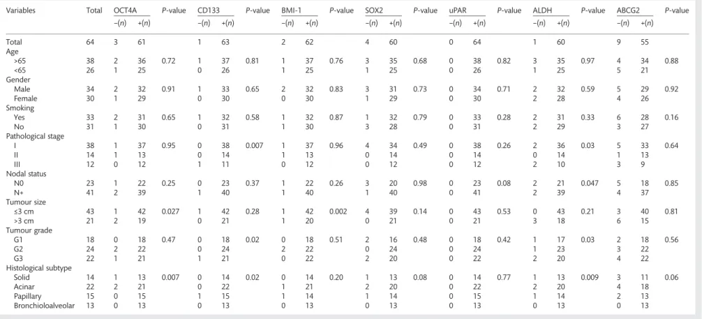Table 1: Clinicopathological variables and the corresponding expression of CSC-associated genes