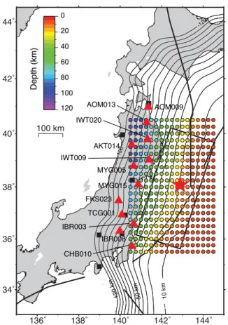 Figure 1. Gridpoint (dots) colour-coded by the depth of the slab (Hayes &amp;