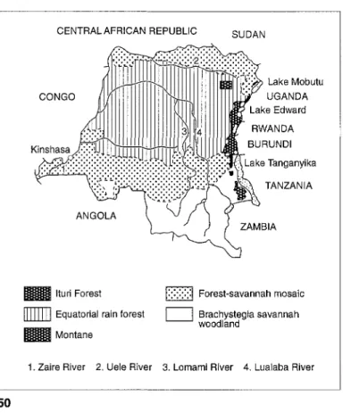 Figure 1. Map of Zaire to show location of the Ituri Forest in relation to national vegetation zones