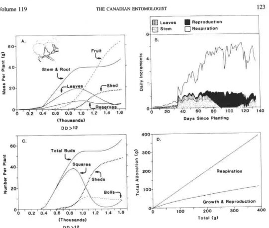 FIG.  10.  Per plant simulated cotton growth and development: (A)  dry  matter allocation to leaves, stem plus root,  reserves, and retained and shed fruits; (B) numbers of total fruits initiated, fruit buds, flowers, green bolls, and  total shed fruits; (