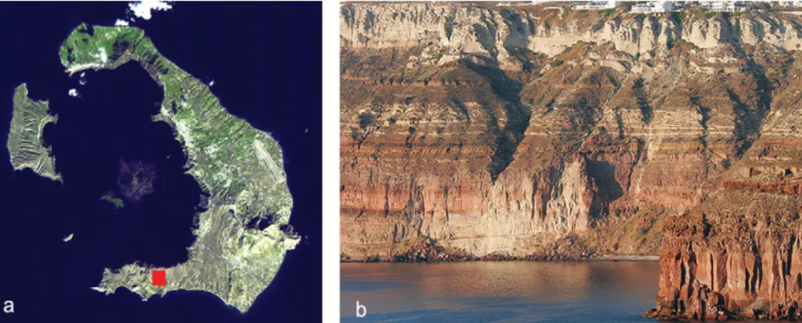 Figure 1. a) Satellite view of Santorini, showing the shape of the volcanic caldera ( NASA; Akrotiri is marked with a c square); b) an example of the volcanic layers found across Santorini ( Tom Pfeiffer/www.volcanodiscovery.com).c