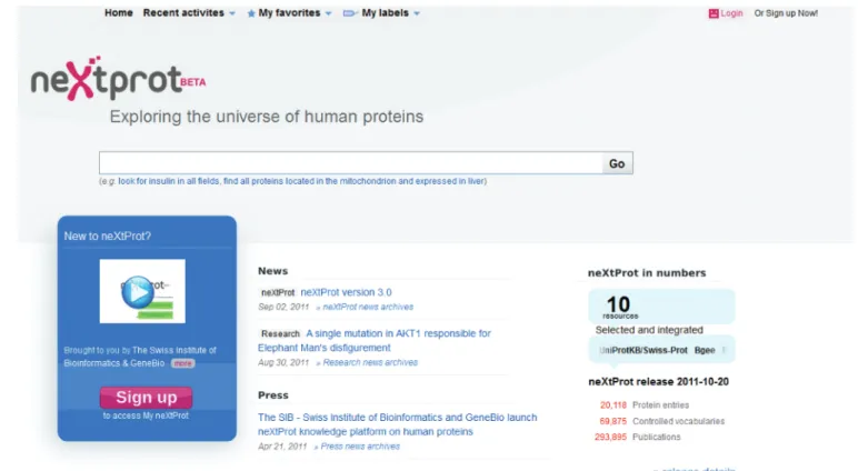 Figure 1. The neXtProt home page grants access to the database via a search tool. Users can sign-in (top right) to create a personal account that allows them to personalize their usage of the platform by keeping a history of their queries and favoring or t