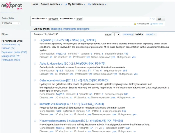 Figure 2. The Search Results page. neXtProt is indexed across several biological areas, corresponding to the different views found on each entry (some data are present in multiple indexes)