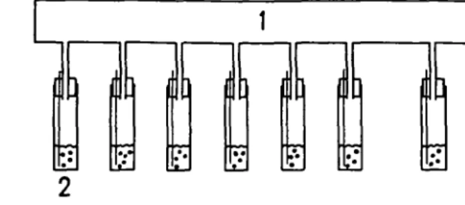 Fig. 1. Apparatus for bubbling acidified samples. (1) Plexiglaj tubing with attached silicone rubber stoppers, each of which is bored through with a hypodermic needle; (2) liquid scintillation counting vials; (3) CO, absorber; and (4) line to vacuum pump.