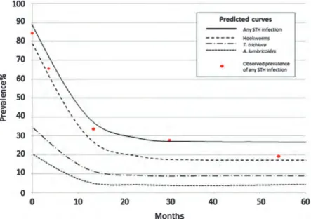 Figure 1. Predicted reduction of the prevalence of each soil-transmitted helminth (STH) and of the prevalence of any STH infection, for the 5-year control programme in Yen Bai (Vietnam) by the Markov model