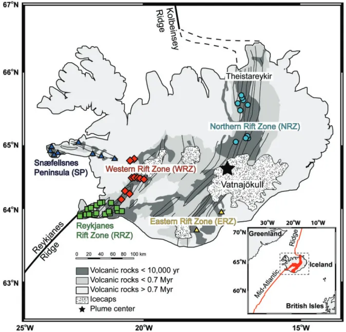 Fig. 1. Simplified geological map of Iceland showing the sampling localities of the 51 lavas investigated here (modified after geological map published at www.tephrabase.org)