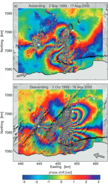 Table 1. Processed ERS-2 interferograms. Interferogram numbers marked with a star show clear phase shifts in the epicentral region of the Kleifarvatn event, bold letters denote the interferograms used in the model estimation.
